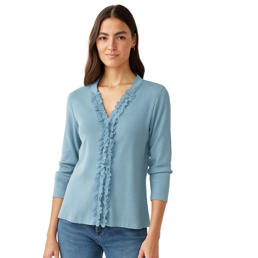 Soft Surroundings 1X Blue Petal Ruffle V-Neck Button Down Sweater 3/4 Sleeve